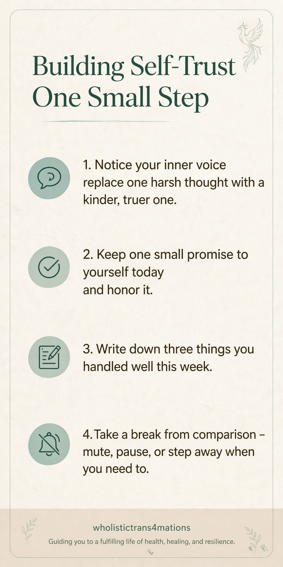 Building Self-Trust One Small Step infographic: notice your inner voice, keep one small promise to yourself, write down three things you handled well, and take a break from comparison.