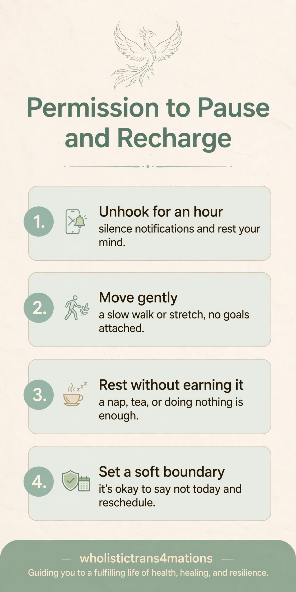 Permission to Pause and Recharge infographic: unhook for an hour, move gently, rest without earning it, and set a soft boundary.