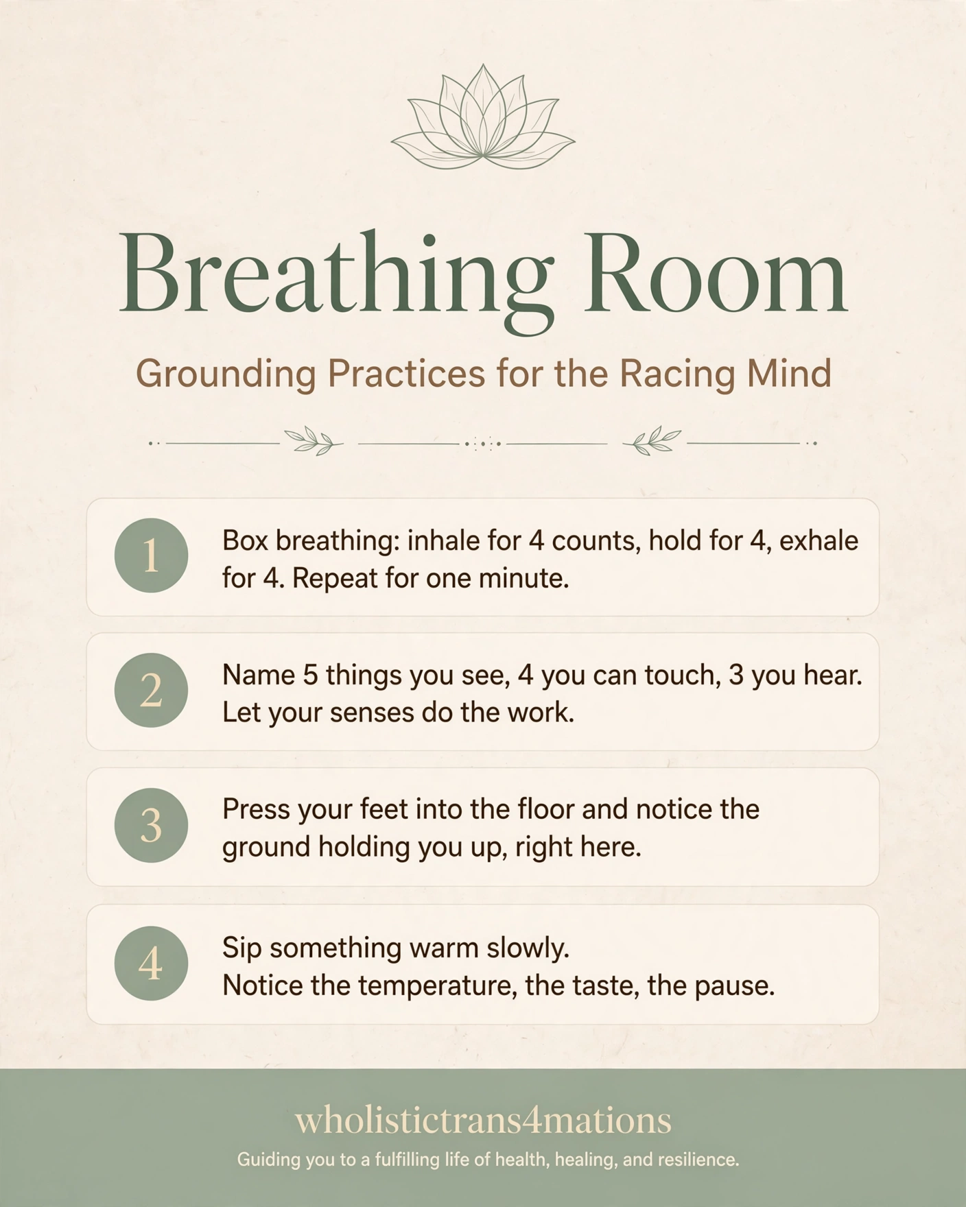 Breathing Room: Grounding Practices for the Racing Mind infographic: box breathing for one minute, a 5-4-3 sensory check-in, pressing feet into the floor, and sipping something warm slowly.