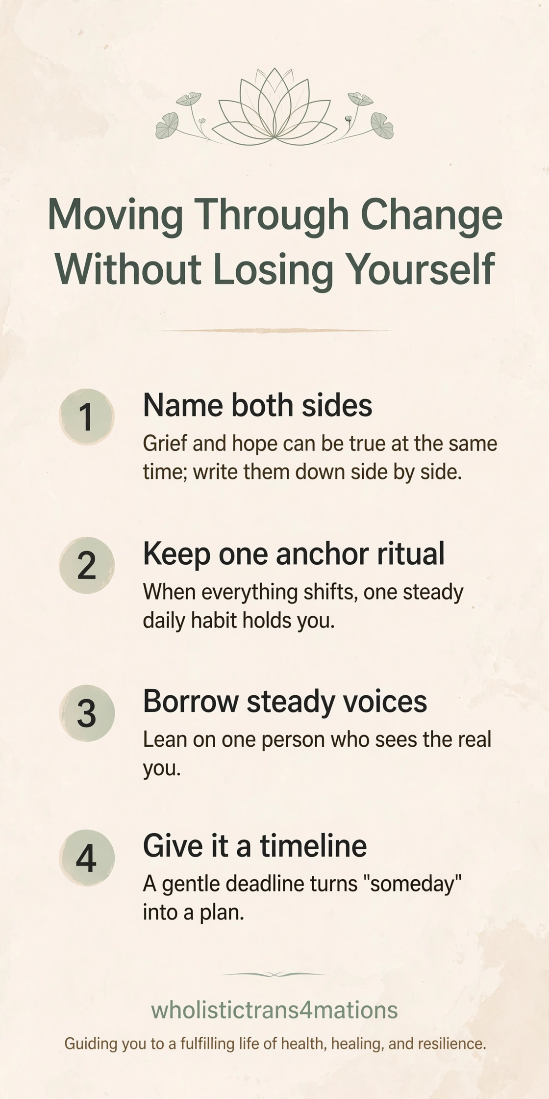 Moving Through Change Without Losing Yourself infographic: name grief and hope side by side, keep one anchor ritual, lean on someone who sees the real you, and give the transition a gentle timeline.