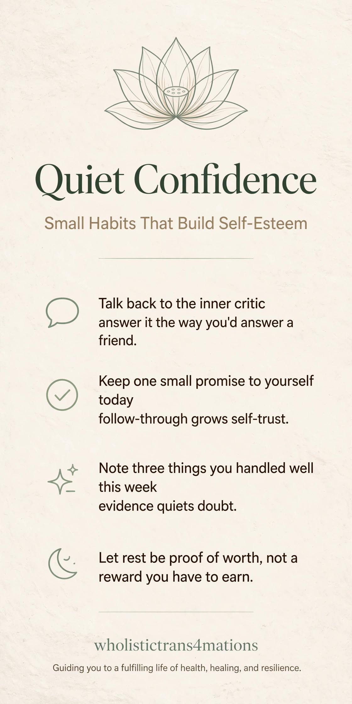 Quiet Confidence: Small Habits That Build Self-Esteem infographic: talk back to the inner critic like you'd answer a friend, keep one small promise to yourself today, note three things you handled well this week, and let rest be proof of worth.