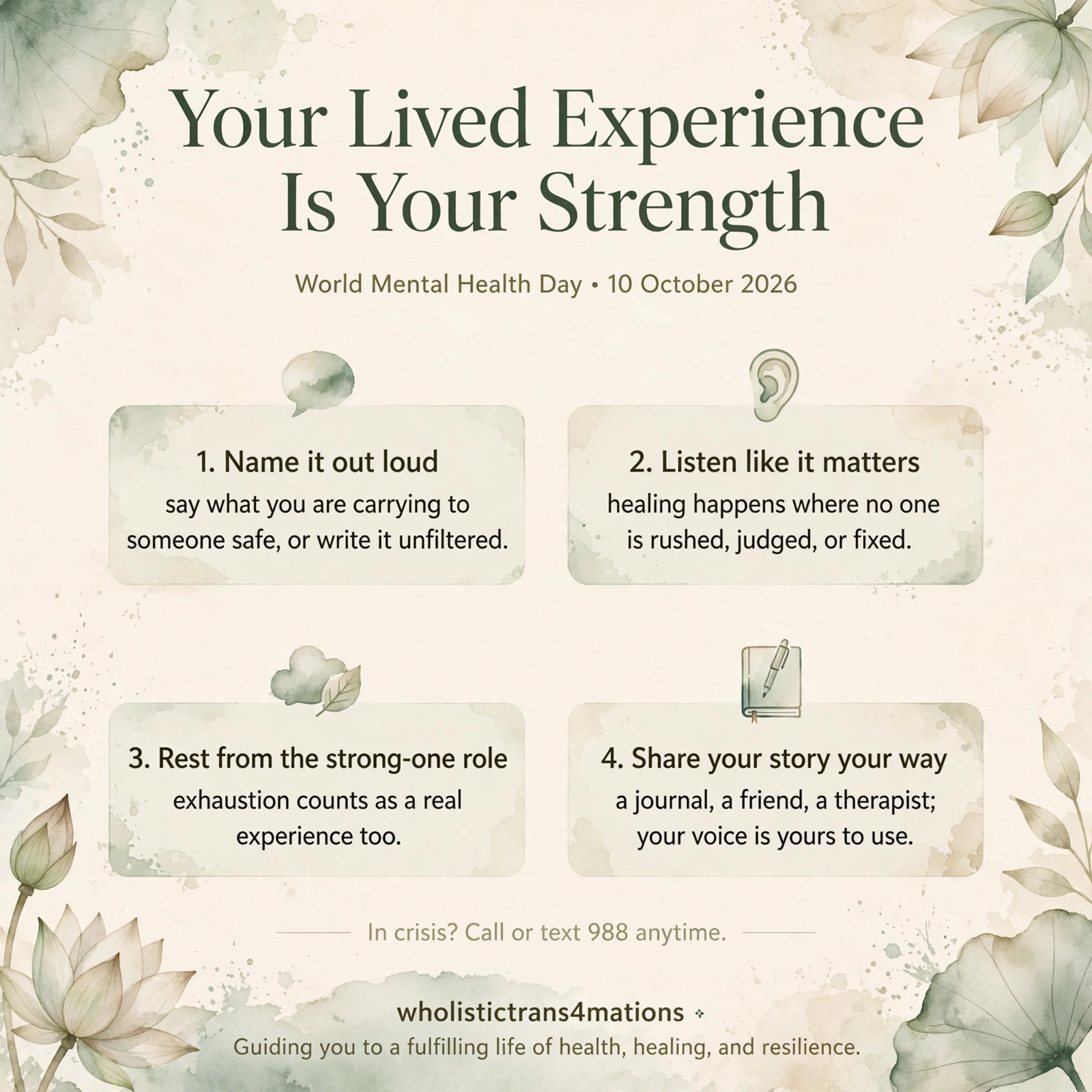 Your Lived Experience Is Your Strength infographic: name what you are carrying to someone safe or write it unfiltered, listen without rushing, judging, or fixing, rest from the strong-one role, and share your story your way.